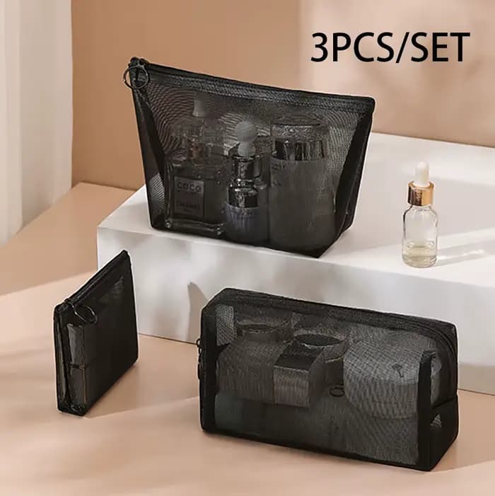 Trousses de toilette en maille noire pour femmes