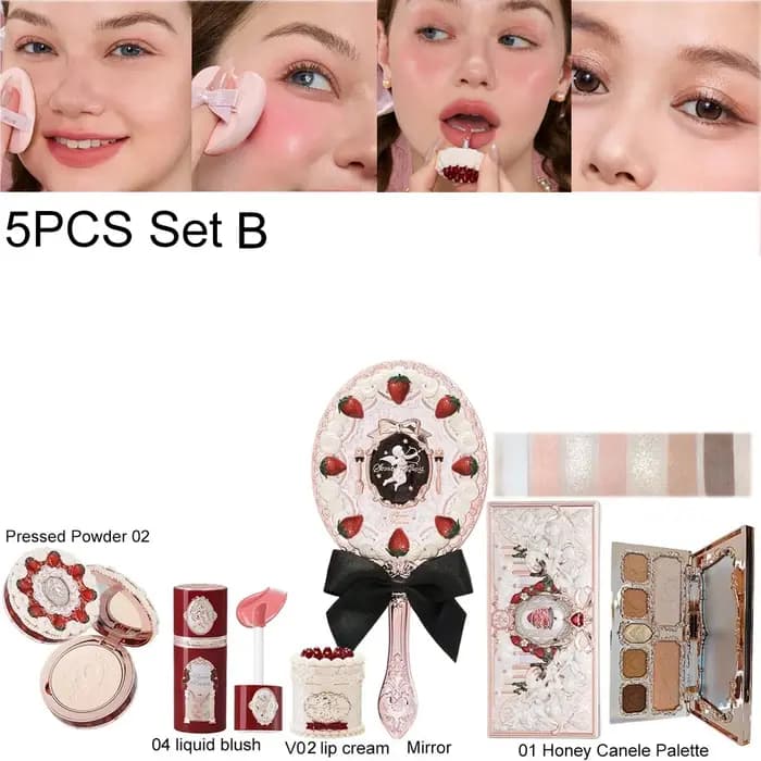 Flower Knows Rouge à Lèvres Matte Blush Liquide Set Fraise Cupidon Poudre Pressée Tenue Longue Crème Veloutée Léger Rési