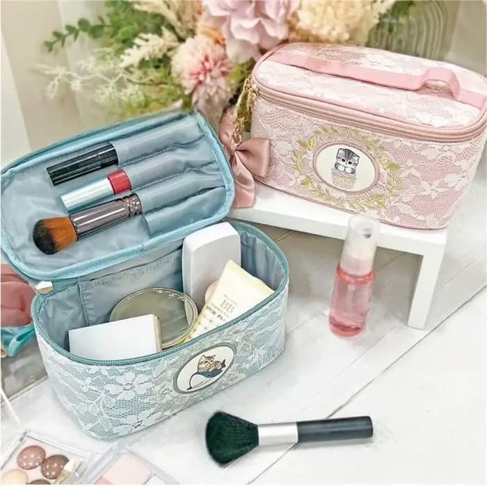 Pochette de maquillage en dentelle délicate Mofusand, mignonne, pratique, portable, pour ranger les cosmétiques et les petits objets