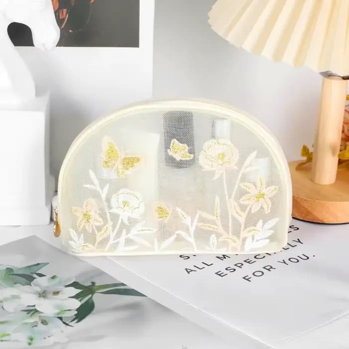 Trousse de Toilette Portable Grande Capacité en Maille Broderie Florale Organisateur de Maquillage Sac Cosmétique Femme