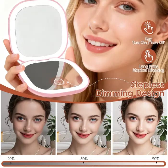 Miroir de maquillage compact LED 90 mm, à intensité variable, double face, grossissement 1X/10X, miroir de poche avec lumière, rechargeable par USB, 3 modes d'éclairage pour