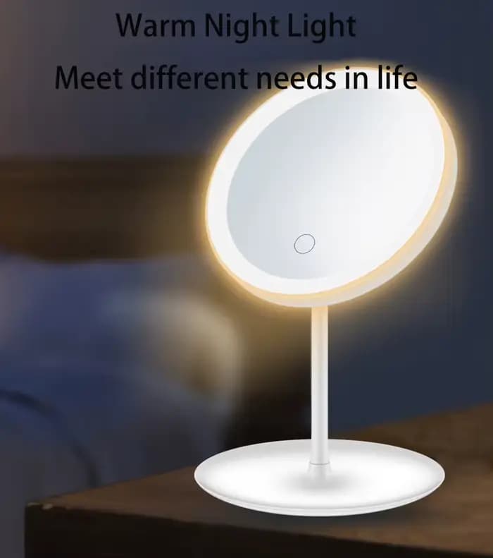 Miroir de maquillage LED Miroir de vanité USB détachable, 3 couleurs réglables avec 1 loupe 5X, rangement, Base rotative de bureau
