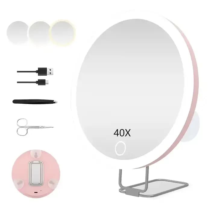 1 miroir grossissant 40X avec lumière, éclairage couleur réglable, comprend 3 ventouses, support et