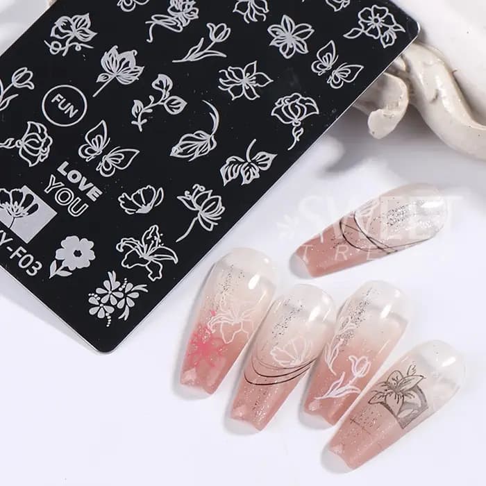 Plaque d'estampage pour Nail Art, feuilles de fleurs simples, cadre Floral papillon, Image géométriq