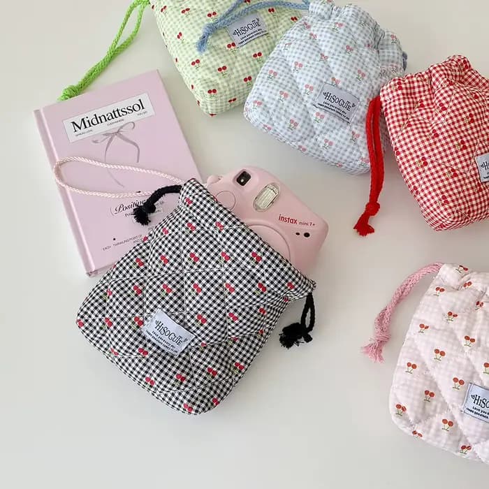 Trousse de maquillage matelassée en coton avec cordon de serrage