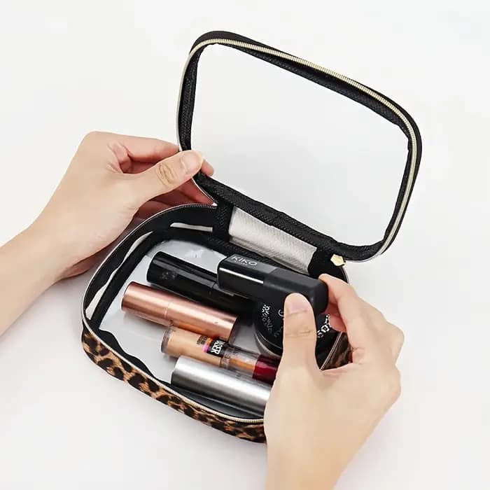 Trousse de maquillage transparente à imprimé léopard