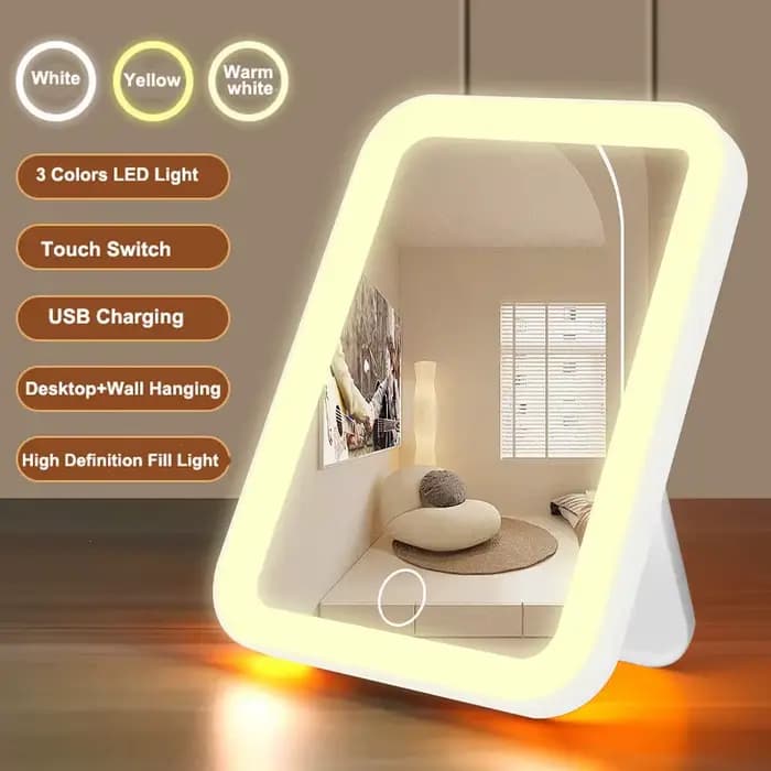 Miroir de courtoisie LED portable avec écran tactile, 3 couleurs, aste par USB, gradation, maquillag
