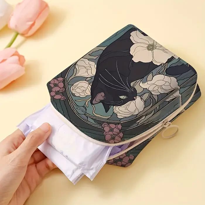 Sac de rangement pour serviettes hygiéniques imprimées à motif de chat