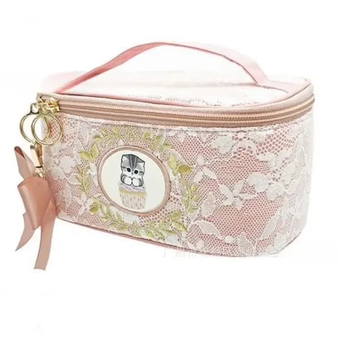 Pochette de maquillage en dentelle délicate Mofusand, mignonne, pratique, portable, pour ranger les cosmétiques et les petits objets