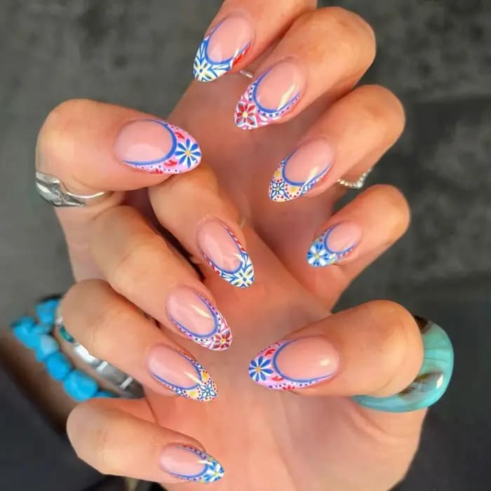 24 pièces douce amande faux ongles conseils peint à la main fleur perle motif Blush rose presse