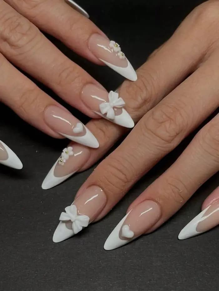 24 pièces français flash bordure blanche fleur de cerisier strass faux ongles ensemble d'ongles blanchissant