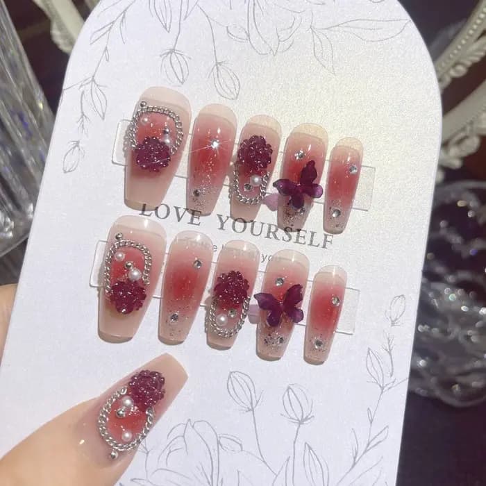 24 pièces faux ongles mi-longs 3D fleur perle conçoit couleur rose chair presse