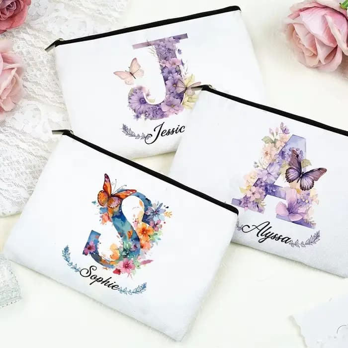 Pochette de maquillage personnalisée avec initiale et nom pour femmes