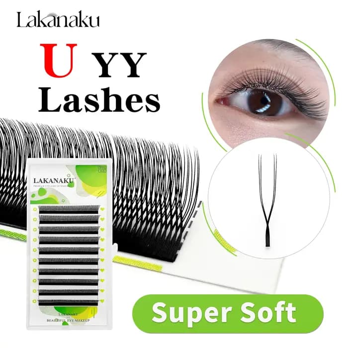 LAKANAKU 2D UU technologie Fibers forme de cils U YY cilios para extension de Volume maquillage Double conseils