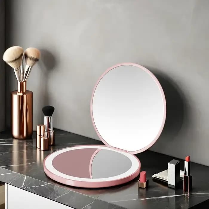 Miroir de maquillage de poche LED rond Portable pliant petit avec lumière voyage