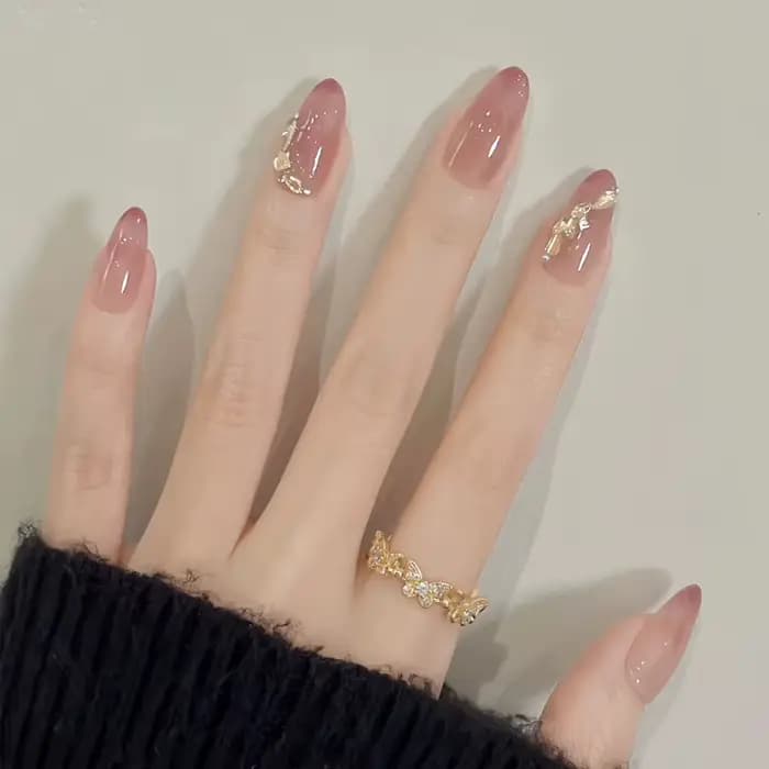 24 pièces Aurora Nude Rose presse sur ongles amande acrylique Simple faux ongles avec dégradé concep