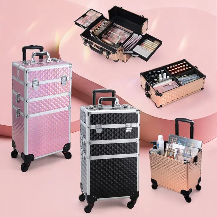 Valise de maquillage professionnelle 3 en 1 en aluminium avec roulettes, chariot de maquillage, vali