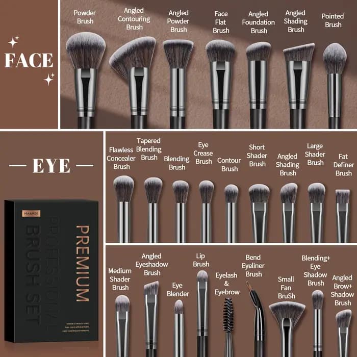 MAANGE 25 boîte-cadeau ensemble de pinceaux de maquillage des yeux du visage professionnel brosses pour fond de teint fard à paupières contour caché